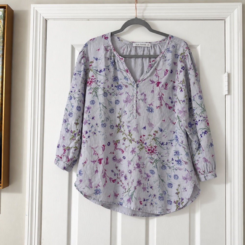 Cut Loose Linen Blouse Women XL Floral 3/4 Sleeve Made in USA Relaxed Fit